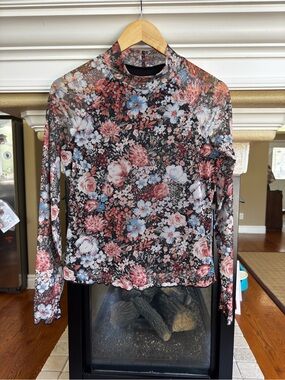 Dealmore Black Floral Mesh Sheer Long Sleeve Top Romantic Dark M